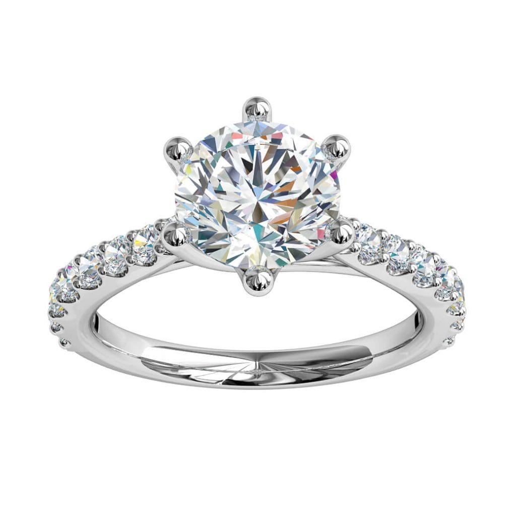 Round Brilliant Cut Solitaire Diamond Engagement Ring, 6 Button Claws Set on a Rounded Tapered Cut Claw Band with Fountain Undersweep Setting.