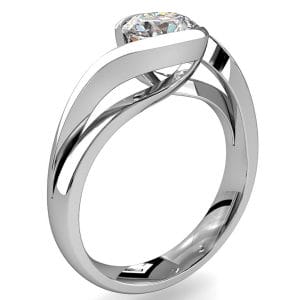 Round Brilliant Cut Solitaire Diamond Engagement Ring, Semi Bezel Set on a Raised Sweeping Band.