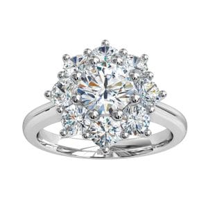 Round Brilliant Cut Diamond Cluster Halo Engagement Ring, 8 Claws Set in a Flower Vintage Cluster Halo on a Thin Band with Open Undersetting.