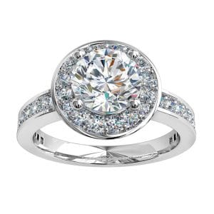 Round Brilliant Cut Halo Diamond Engagement Ring, 4 Claws Set in a Bead Set Halo on a Straight Bead Set Band on Curved Diamond Undersetting.