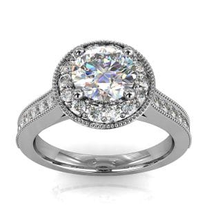 Round Brilliant Cut Halo Diamond Engagement Ring, 4 Claws Set in a Milgrain Bead Set Halo on a Milgrain Bead Set Band with a Crossover Undersettting.