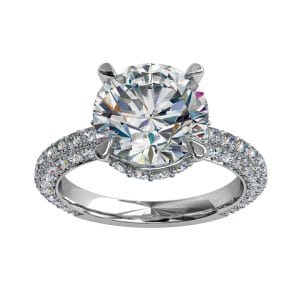 Round Brilliant Cut Solitaire Diamond Engagement Ring, 4 Pear Shape Claws Set on Thin Rolled Pavé Band with Hidden Halo.