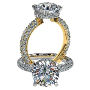 Round Brilliant Cut Solitaire Diamond Engagement Ring, 4 Pear Shape Claws Set on Thin Rolled Pavé Band with Hidden Halo.