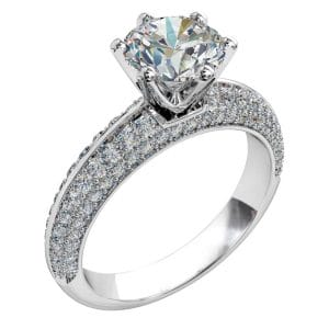 Round Brilliant Cut Solitaire Diamond Engagement Ring, 6 Button Claws Set on a Knife Edge Pavé Band with Classic Undersetting.