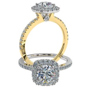 Round Brilliant Cut Diamond Halo Engagement Ring, 4 Claws Set in a Cushion Shape Cut Claw Double Halo on a Thin Cut Claw Double Row Band with Hidden Diamond Undersetting.