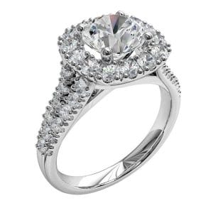 Round Brilliant Cut Diamond Halo Engagement Ring, 4 Button Claws Set in a Cushion Shape Cut Claw Halo on a Split Cut Claw Band with Crossover Undersetting.