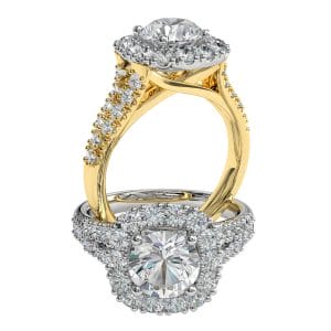 Round Brilliant Cut Diamond Halo Engagement Ring, 4 Button Claws Set in a Cushion Shape Cut Claw Halo on a Split Cut Claw Band with Crossover Undersetting.