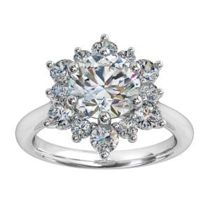 Round Brilliant Cut Diamond Cluster Halo Engagement Ring, 6 Claws Set in a Snowflake Alternating Halo on a Thin Plain Band.