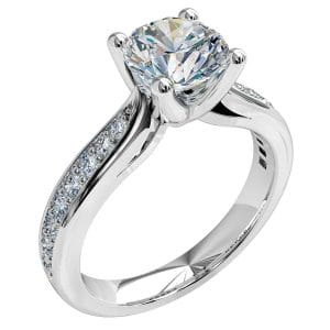Round Brilliant Cut Solitaire Diamond Engagement Ring, 4 Button Claws Set on a Thin Pinched Bead Set Band with Fluted Undersetting.
