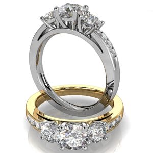Round Brilliant Cut Diamond Trilogy Engagement Ring, Stones 4 Claw Set on a Channel Set Band with a Classic Underrail Setting.